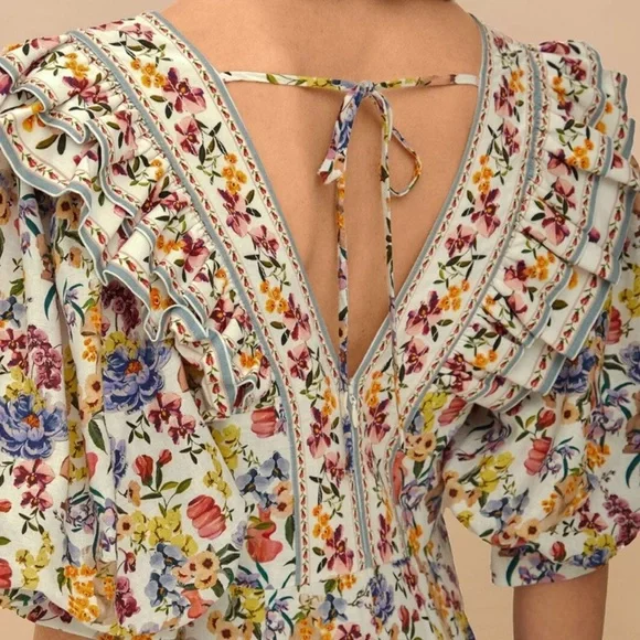 New! FARM RIO ruffled floral-print linen mini dress size M